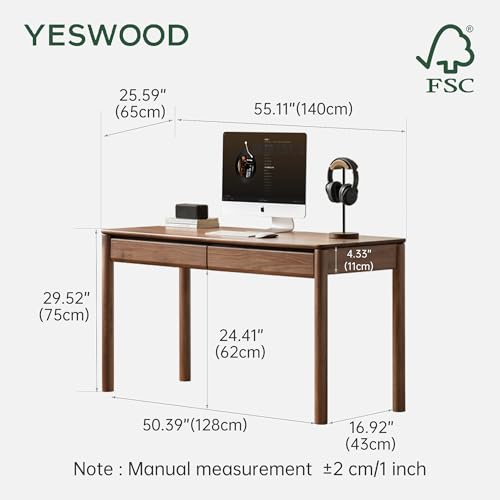 Solid North American FAS Grade Black Walnut Desk, Minimalist Wood Home Office Computer Desk, Mid Century Modern Writing Desk for Study Room Office Bedroom Workspace - size: 55.11"W