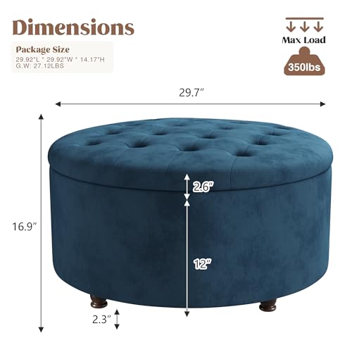 30 Inch Round Storage Ottoman,Modern Blue Tufted Ottomans,Circular Coffee Table with Removable Top,Upholstered Large Ottoman with Storage Footrest Stool for Bedroom Living Room (Blue) - color: Blue, size: 30"D x 30"W x 16.9"H