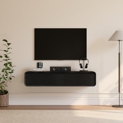 POVISON Fully-Assembled Minimalist Floating TV Stand, Modern Wall-Mounted Entertainment Center with 2 Flip-Down Cabinet Doors, Solid Wood Media Console, Black, 47.24" - color: Black, size: 47.24"