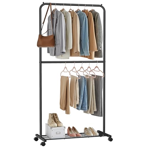 SONGMICS Clothes Rack with Wheels, Double-Rod Clothing Rack for Hanging Clothes, 25.4mm Metal Garment Rack with Dense Mesh Storage Shelf, 110 lb Load Capacity, 2 Brakes, Black UHSR027B01 - color: Black, style: Middle Rod