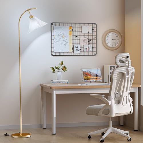 Gold Floor Lamp with Remote, Dimmable Glass Arc Standing Lamp, Ribbed Frosted Glass Shade, 3 Color Temperatures, Foot Switch, 9W LED Bulb for Living Room Bedroom Office - color: Gold