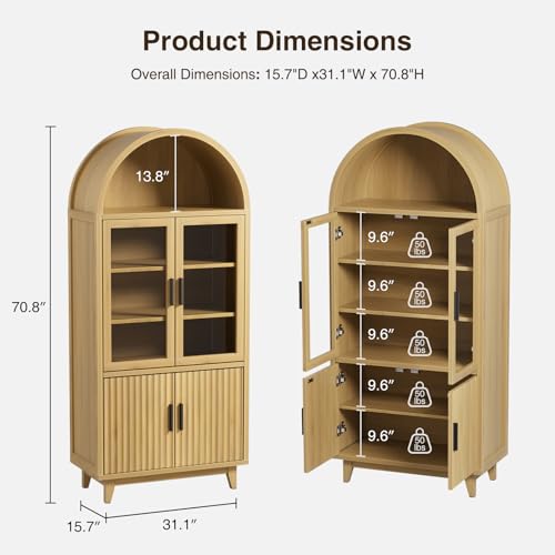Arched Cabinet with Glass Doors, Fluted Pantry Cabinet with Solid Wood Legs | Storage Cabinet with Adjustable Shelves, 71" Tall Modern Accent Cabinet for Living Room, Kitchen, Dining Room, Natural - color: Wood Grain, size: Tall Arched - 15.7"D x 31.1"W x