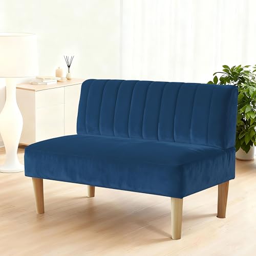 42" Velvet Armless Loveseat Settee, Mini Two-Seater Couch with Channel-Tufted Back, Solid Wood Legs, Compact Bench with Back for Small Apartment, Kitchen Nook & Entryway, Easy Assembly (Blue)