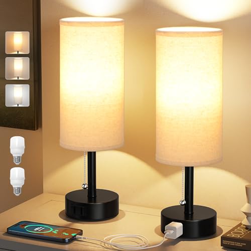 Beige Bedside Table Lamps Set of 2 - Bedroom Lamp for Desk, AC Outlet | 3CCT(3000K/4000K/5000K), LED Bulbs Included, Beige Fabric Lampshade, 14in Small Lamp for Nightstand, Guest Room, Living Room - color: Beige, size: 14.0in