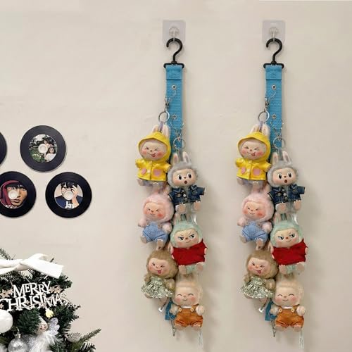 Plush Doll Hanging Storage Rope Display Rack with 8 Clips – Wall Hanging Organizer for Keychain Plushies, Mini Toys– Holds up to 3kg (Blue) - color: Blue