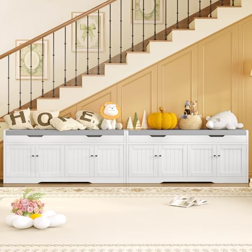 3-Tier Storage Bench, 47.2" Wide Shoe Bench with Lift Top Storage & 2 Adjustable Shelves, Entryway Bench with Padded Seat Cushion, Shoe Cabinet Bench for Entryway, Living Room, Bedroom (White) - size: 13.78"D x 47.2"W x 19.7"H