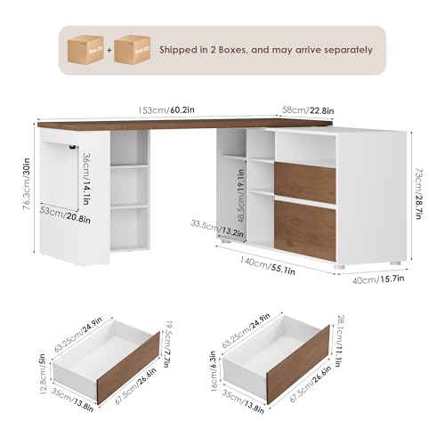 L Shaped Desk with 2 Drawers and 3 Shelves, 60" Reversible Corner Desk, Computer Desk with 10 Cubby Storage Organize, Home Office Executive Desk for Writing Study Work, White