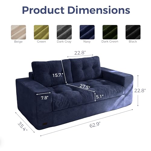MAXYOYO 63" Boneless Sofa Couch, 2-Seater Cloud Couch Floor Loveseat for Small Space with Pillows, Tufted Floor Sofa with Layered Cushion for Apartment & Lounge, No Assembly Required, Navy - color: Puffinest Style Navy, size: 63" Loveseat