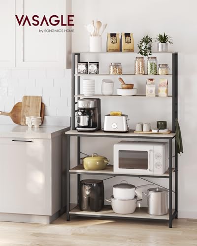 VASAGLE Coffee Bar, 39.4 Inches Baker's Rack for Kitchen with Storage, 6-Tier Kitchen Shelves with 6 Hooks, Microwave Stand, Industrial, Heather Greige and Ink Black UKKS039K02 - color: Heather Greige + Ink Black, size: 39.4"W, style: No Power Outlet