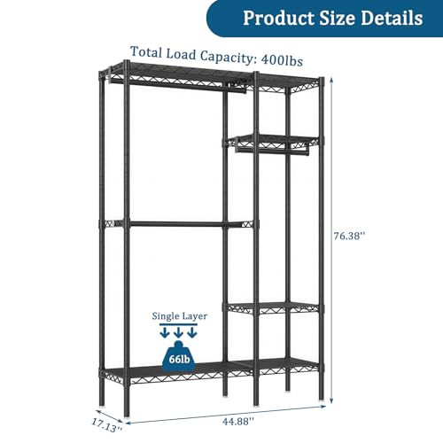 Heavy Duty Garment Rack with Shelves, Black | Heavy Duty Clothes Rack with 3 Hanging Rods & 6 Shelves, Freestanding Adjustable Garment Rack for Bedroom - size: 44.88''W×17.13D''×76.38''H