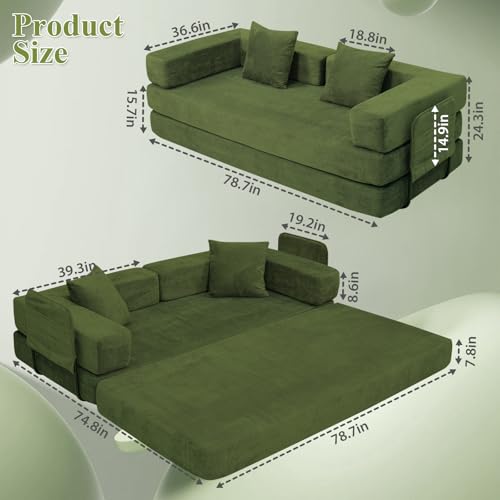 79" Boneless Sofa Bed, 5-in-1 Convertible Fold Out Corduroy Couch for 2 | Loveseat Sleeper with Fixed Support Frame, No Assembly Floor Sofa for Small Apartments, Living Room, Bedroom - color: Green