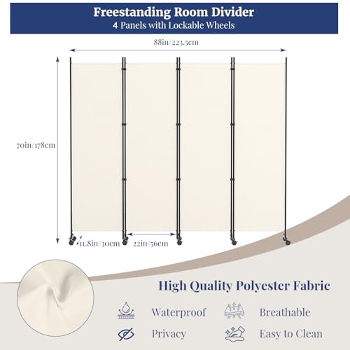 Kokorona 4 Panel Room Divider, 6FT Tall Rolling Privacy Screen with Lockable Wheels, Folding Wall Dividers Portable Room Divider for Room Separation, Included - Cover Strips, Beige, 88''W x 70''H - color: Beige, size: 4 Panel-88"W