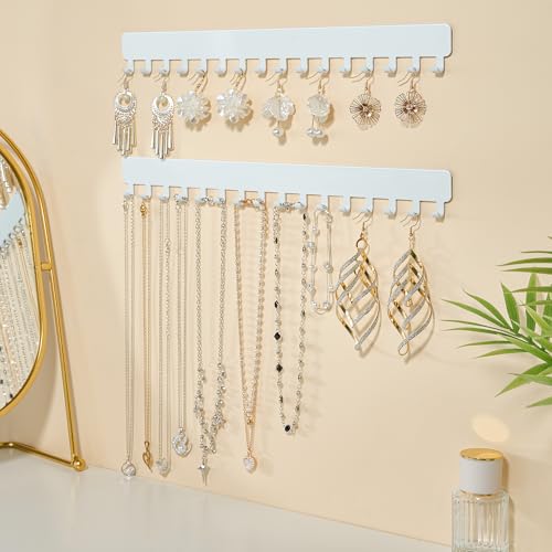 Extended Self-Adhesive Necklace Holder, Wall Mounted Jewelry Organizer for Necklaces, Earrings, Rings & Bracelets, No Drilling, Space-Saving, 2 Pack, White - color: White, size: 13.19 inch