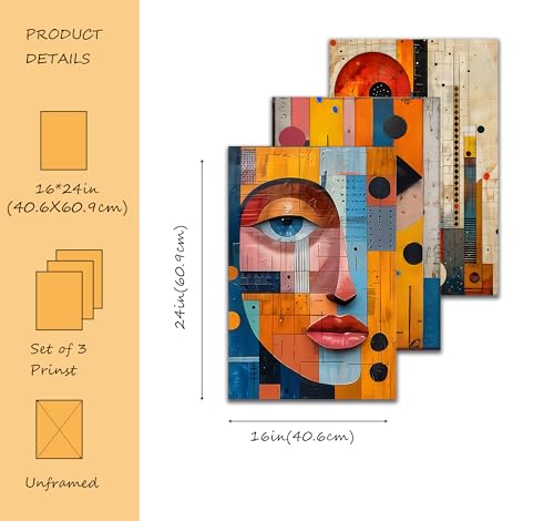 KYSNGMT Mid-Century Modern Canvas Wall Art, Unframed Abstract Posters | 3 Piece Geometric Face Prints for Living Room Bedroom Office, Colorful Cubism Aesthetic Room Decorations - color: Mid Century, size: 24"L x 16"W-Posters