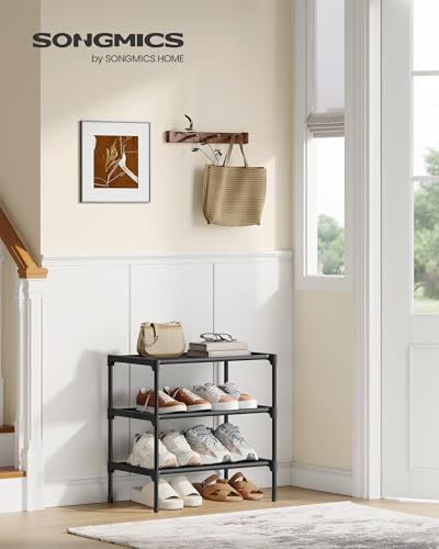 SONGMICS Shoe Rack, Space-Saving, Entryway, Metal Frame | Space-Saving Shoe Storage Organizer, Non-Woven Fabric Shelves, ULSH013BH01 - color: Ink Black, size: 3 Tiers (16.5"W)