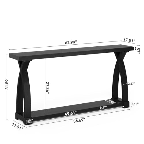 Solid Wood Console Table for Entryway, 63-Inch Narrow Farmhouse Couch Table Behind Sofa with 2-Tier Storage for Entrance, Foyer, Living Room, Long, Black (Black) - color: Black