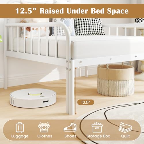 GIANTEX Metal Twin Bed Frame, Convertible Sofa Bed with Headboard & Armrests, Pull-Out Sleeper Chair Bed for Small Spaces Dorm Guest Apartment, Suitable for Folding Sofa Mattress, White - color: White