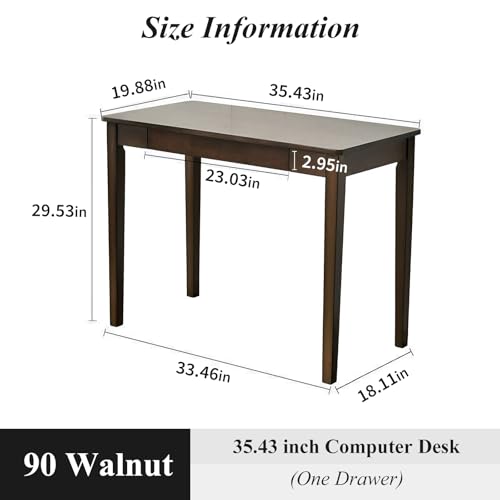 Solid Wood Computer Desk with Drawers, Modern Writing Desk for Home Office, Mid Century Modern Desk, Oak Study Table, 35.4x19.9x29.5 inches (Single Drawer), Walnut