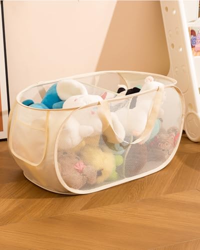 Collapsible Laundry Basket Foldable Pop-Up Mesh Hamper with Compartments and Handles, Breathable Clothes Organizer BLC733-05 - color: Beige, size: 22.83'' * 14.17'' * 14.17''