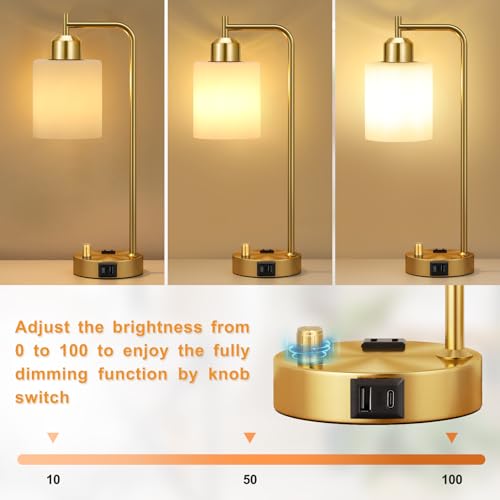Innqoo Gold Lamp for Bedroom - Industrial Bedside Table Lamp with USB Port and Outlet, Fully Dimmable Nightstand Lamp with Opal Glass Shade, Small Desk Lamps for Home Office - color: Gold Base&Opal Shade