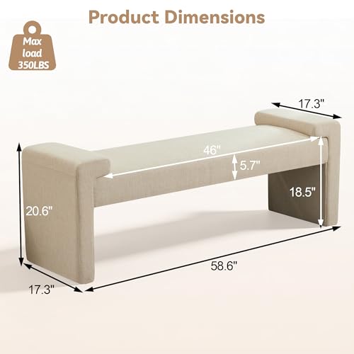 Upholstered Entryway Bench, 58.7" Modern Bedroom Bench, Camel | Curved Armrests, Solid Wood Frame, End of Bed, Bedroom, Living Room, Hallway - color: Tan-linen, size: 58.7"