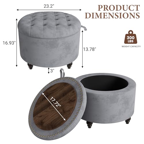 24 Inch Round Storage Ottoman,Modern Tufted Ottomans,Circular Coffee Table with Removable Top,Upholstered Large Ottoman with Storage Footrest Stool for Bedroom Living Room (Lightgrey) - color: Lightgrey, size: 24"D x 24"W x 16.9"H