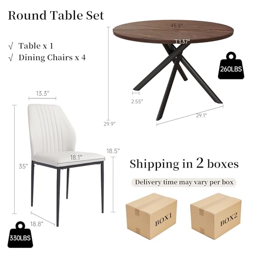 HIPIHOM 45.3'' Walnut Round Dining Table Set for 4, Mid Century Modern Small Coffee Set for Dining Room Kitchen Apartment (Dark Walnut Table + 4 White Chairs) - color: Walnut Table+4 White Chairs