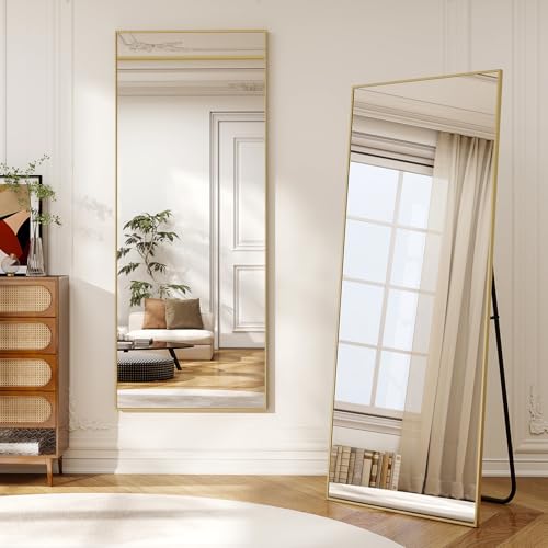 56" x 21" Full Length Mirror, Full Body Floor Mirror, Gold | Standing/Leaning/Wall Mounted for Bedroom, Living Room, Entryway, Cloakroom with Aluminum Alloy Frame - color: Gold, size: 56"L x 21"W