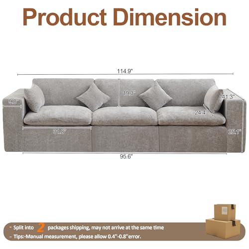 115''Cloud Boneless Sectional Couch, Modular Sectional Sofa Deep Seat, Oversized Upholstered Convertible Comfy 3 Seater Chenille Memory Foam Sofa Couches for Living Room, Light Grey - color: Light Grey, size: 115"/3 Seater