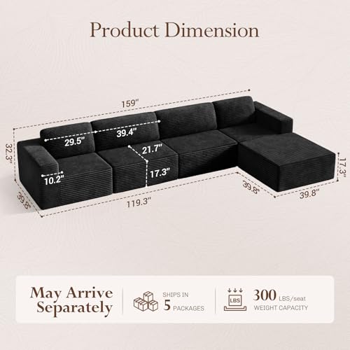 Vesgantti 159" Large Modular Sectional Sofa, L-Shaped Corduroy Cloud Couch with Deep Seats & Spring Support, 4-Seater Boneless Sofa with Movable Ottoman, No Assembly Needed, Black - color: 159" - 4 Seater + Ottoman Black