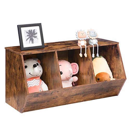 HOOBRO Toy Storage Cubby, Kids Bookshelf, Stackable 3-Bin Toy Storage Cabinet, Bookcase Footboard, Children's Toy Shelf, Suitable for Children's Room, Playroom, Hallway, Rustic Brown BF30CW01 - color: Rustic Brown
