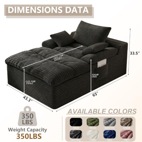 49.2" Oversized Chaise Lounge Chair Indoor, Modern Upholstered Deep Seat Sofa Bed, Sleeper Couch Reading Chairs, Comfy Corduroy Cloud Sofas Couches for Living Room, No Assembly, Black - color: Black, size: 49"