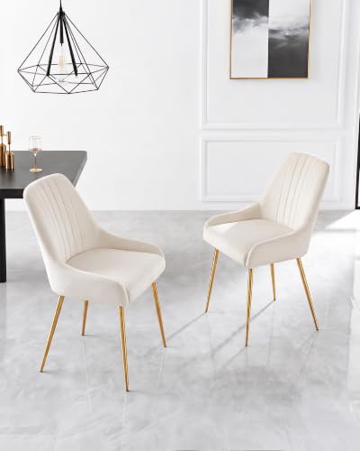 White Velvet Dining Chairs Set of 6, Modern Kitchen and Vanity Chairs | Modern upholstered vanity chairs with gold metal legs, stain-resistant hand-quilted fabric, high-density foam cushion seat - color: White, size: Set of 6