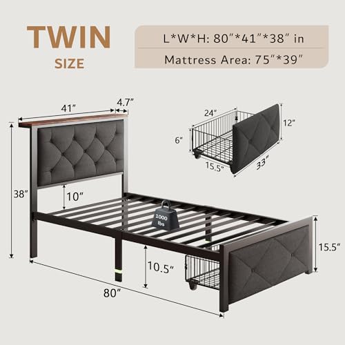 iPormis Twin Bed Frame for Kids with Storage Drawers, Linen Upholstered Headboard Platform Bed with Charging Station, No Box Spring Needed, Metal Slats Support, Noise-Free, Easy Assembly, Grey - color: Grey, size: Twin