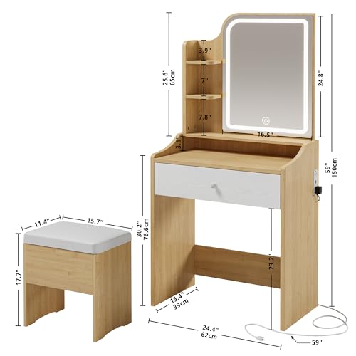 LIKIMIO Small Vanity Desk with Mirror Lights and Storage Stool | Wood compact vanity with 3 light modes, charging station, storage drawer, 3 shelves and upholstered stool - color: Wood
