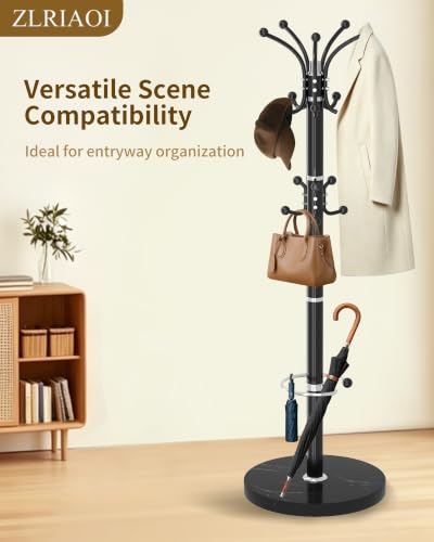 Metal Coat Rack, Modern Coat Rack Stand, 360°Rotary Coat Tree Stand | Heavy Duty Coat Rack Freestanding with Natural Marble Base, Black Clothes Tree Hanger Stand with 14 Hooks & Umbrella Holder - color: Black-16Hooks