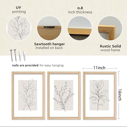 Neutral Botanical Line Art Decor – 3 Rustic Frames, 11x16" for Home Office | Minimalist Plant Wall Art for Living Room Bedroom bathroom - color: Neutral Botanical (Wood), size: 11"L x 16"W