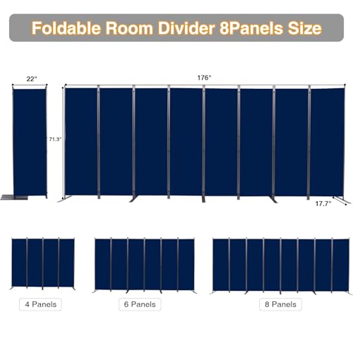 Room Divider, 8 Panel Folding Privacy Screens with Wider Feet, Navy Blue | 176" W X 71" H Room Divider Panel, Stable Frame Structure, Flexible Space Separator, Portable wall divider for Room Partition - color: Navy Blue, size: 22"- 8 Panel