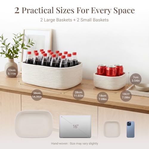 4-Pack Large Woven Rope Storage Baskets, 2 Sizes Organizer Bins | Fabric Cube Boxes and Rectangular Shallow Bins for Closet, Shelf, Bookshelf, Nursery, Changing Table, Bathroom, Toys & Home - color: white, size: 2pcs-14.96*11.02*5.11'' & 2pcs-7.08*7.08*2.