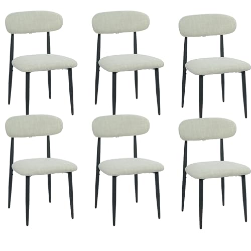 FREKEN Modern Upholstered Dining Chairs Set of 6, Mid-Century Metal Frame Linen Fabric Side Chair for Kitchen Dining Room, 350lbs Capacity, Beige - color: Beige - Black Legs, size: Set of 6