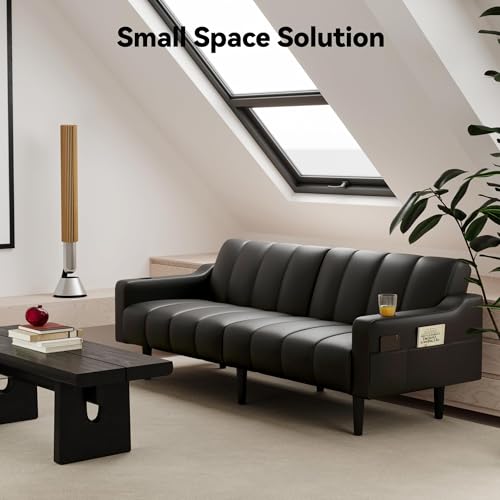 Brelice 80'' Leather Couch, Futon Sofa Bed, Faux Leather Couch with Adjustable Backrest, 2 Cup Holders & Side Pockets, Mid Century Modern Sofa for Living Room, Bedroom, Dark Black - color: Faux Leather Black