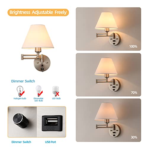 Swing Arm Wall Sconces, Plug-in Wall lamp,Bedroom Wall lamp , White Fabric Shade,,with dimmable Switch and USB Charging Port, Suitable for Bedside, Living Room, Reading (Nickel) - color: Nickel