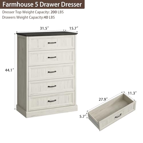 CARPETNAL Farmhouse 5 Drawer Dresser for Bedroom, 44" Tall White Dresser. | Wood Rustic Chest of Drawers with Wide Metal Handle,Drawer Organizer for Bedroom,Living Room,Hallway and Entryway - color: White, size: 16"D x 44"W x 31"H (5 Drawers)