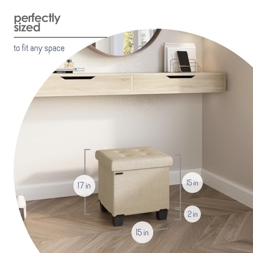 Storage Ottoman Cube with Small Bin, 15-in Square Ottoman with Storage for Living Room and Bedroom, Small Ottomans Foot Rest, Fabric Foot Stools Ottomans Max 330lbs, Beige - color: 08 - Beige