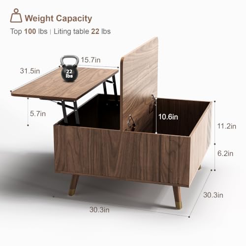 JOINICE Square Lift Top Coffee Table with Storage for Living Room,Walnut | 32" Multi-functional Pop Up Center Table,Large Hidden Compartments with Solid Wood Legs,Lift to 23",Hold 100lbs,Easy Assembly - color: Walnut_square