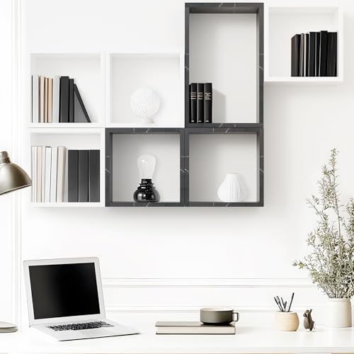 Wall Mount Shelf Set of 3, Floating Cube Shelves for Space Discovery Home and Commercial Use, Large Size Shelves Set, Cloud Atlas/Black Marble - color: Cloud Atlas, size: Set3