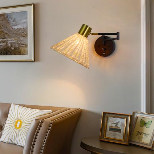 Plug in Rattan Wall Sconce Swing Arm Wall Lamp with USB Port and Dimmer Switch Hand-Woven Boho Rattan Wall Mounted Lamp Suitable for Hallway Bedroom Living Room.Balck - color: Black+Rattan Shade