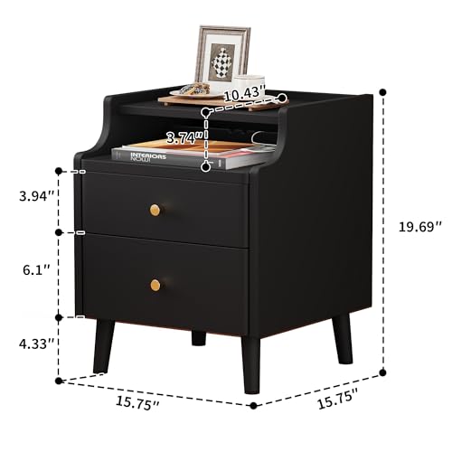 Nightstand with Drawers, 15.7" Solid Wood Side Table for Bedroom, Modern Bedside Table with Pull-Out Tray & Cable Management, Black - color: Black, size: 16"