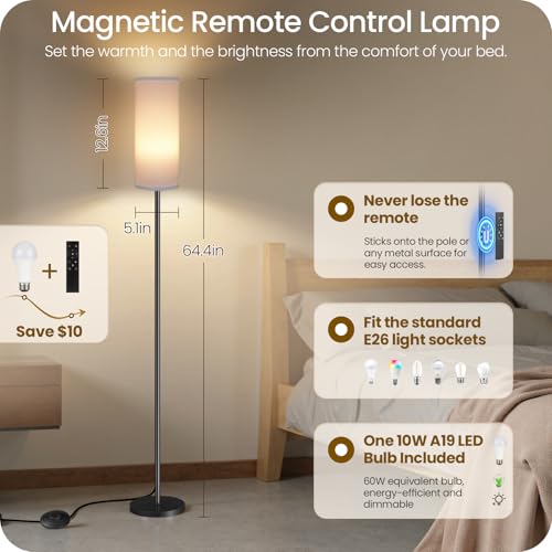 Dimmable Floor Lamp for Living Room with Remote and Foot Switch, Corner Floor Lamp, Modern Standing Tall Lamp, 10W 900LM LED Bulb Included, 3000K-6500K, Linen Shade, Weighted, FCC Listed CW06LD05W1 - color: Pure White
