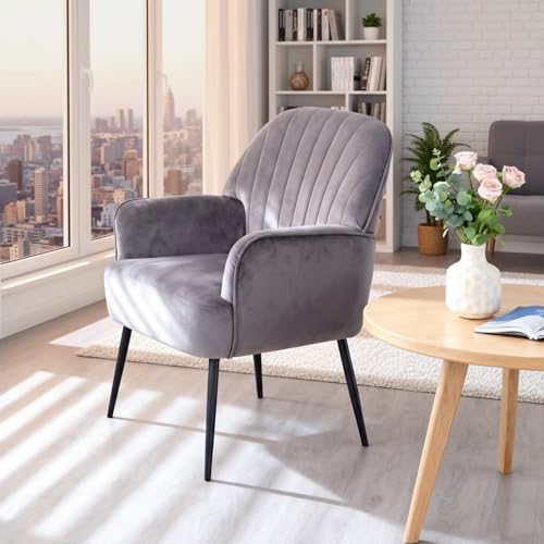 GDFStudio 25" Velvet Accent Chair with Arms and Back, Modern Shell-Shaped Upholstered Barrel Chairs, Small Comfy Reading Chair Lounge Chairs with Solid Legs for Living Room Bedroom Office Cafe, Grey - color: Grey